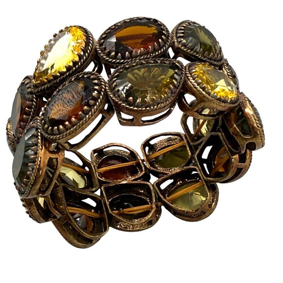 Yellow & Olive Crystal Stretch Statement Bangle Bracelet Bronze Tone Retro - Picture 3 of 5